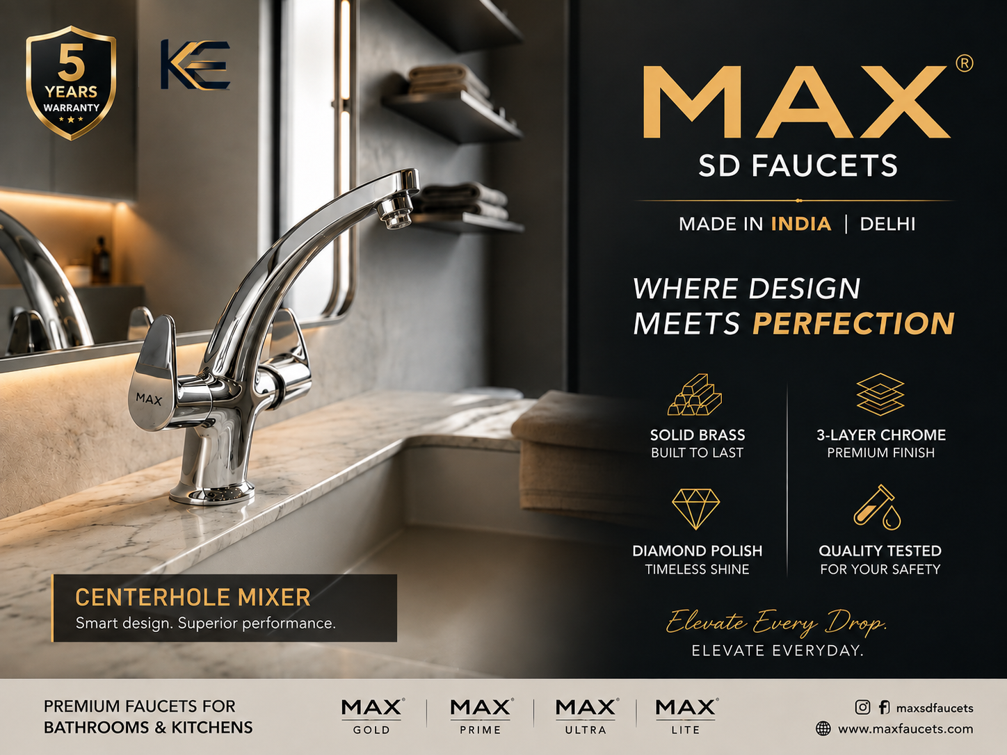 MAX SD Faucets centrehole mixer, warranty and product features