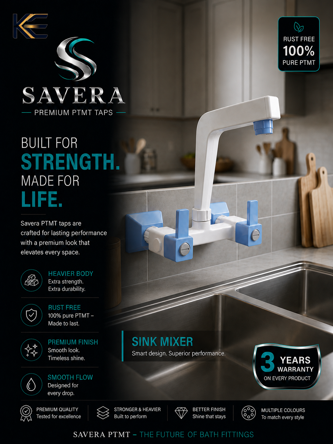 Savera Premium PTMT sink mixer, warranty and product features